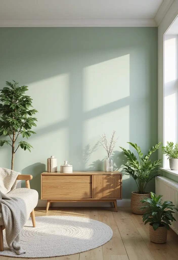 29 Earthy Green Living Room Ideas That Bring Peaceful Vibes - 1. Soft Sage Walls