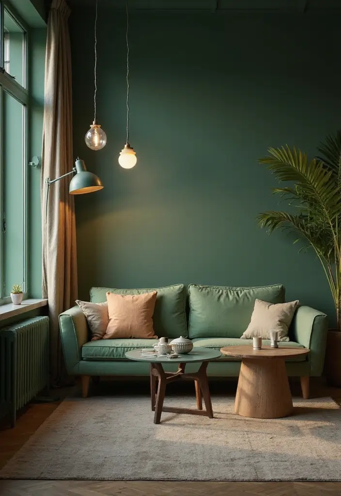 29 Earthy Green Living Room Ideas That Bring Peaceful Vibes - 11. Earthy Lighting