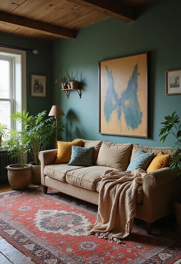 29 Earthy Green Living Room Ideas That Bring Peaceful Vibes - 16. Bohemian Vibes