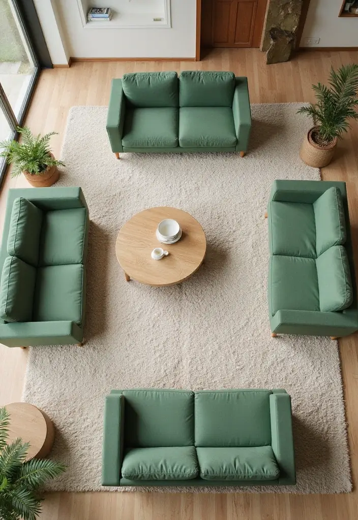 29 Earthy Green Living Room Ideas That Bring Peaceful Vibes - 21. Simple Floor Plan