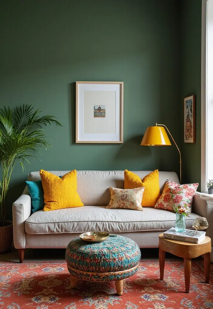 29 Earthy Green Living Room Ideas That Bring Peaceful Vibes - 23. Colorful Accessories