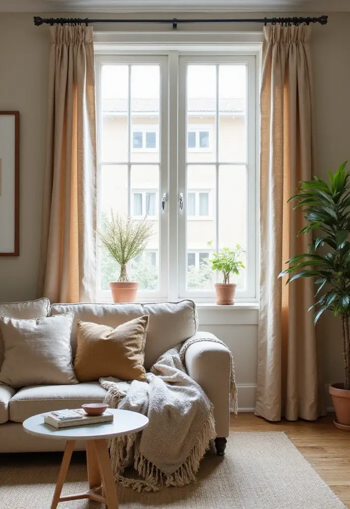 29 Earthy Green Living Room Ideas That Bring Peaceful Vibes - 25. Earthy Window Treatments