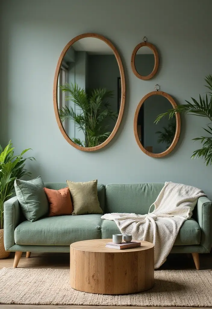 29 Earthy Green Living Room Ideas That Bring Peaceful Vibes - 26. Incorporating Mirrors