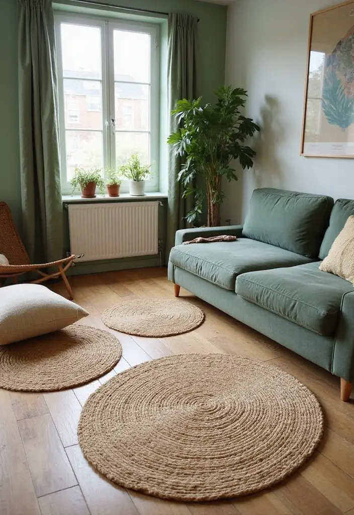 29 Earthy Green Living Room Ideas That Bring Peaceful Vibes - 27. Eco-Friendly Rugs