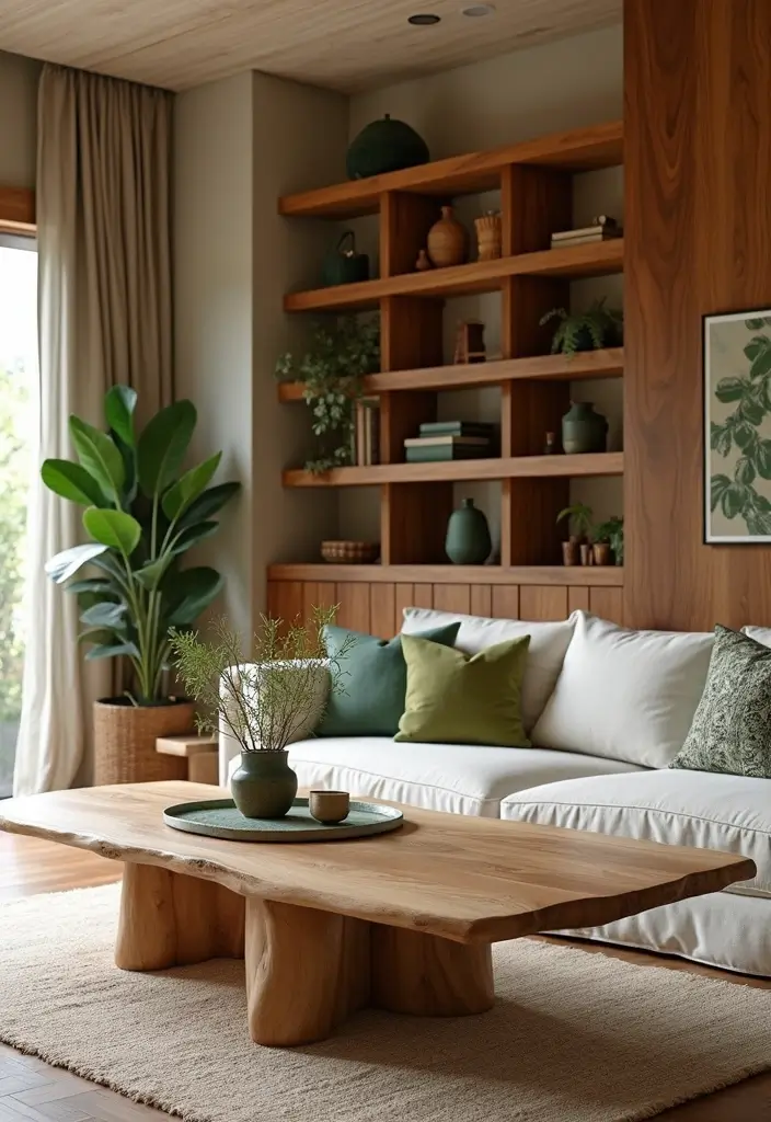29 Earthy Green Living Room Ideas That Bring Peaceful Vibes - 4. Natural Wood Accents