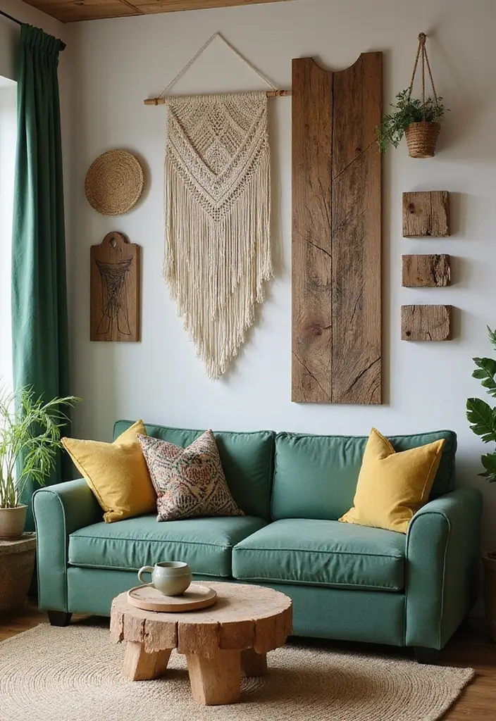 29 Earthy Green Living Room Ideas That Bring Peaceful Vibes - 8. Textural Wall Art