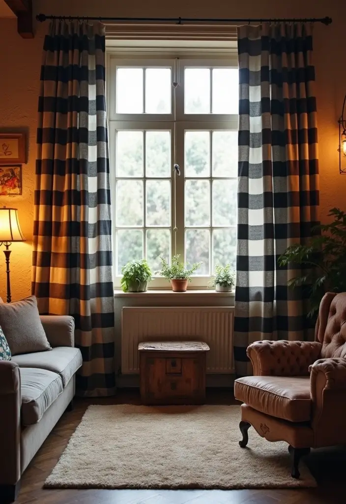 29 Farmhouse Living Room Curtain Ideas That Add Country Charm - 12. Farmhouse Check Pattern