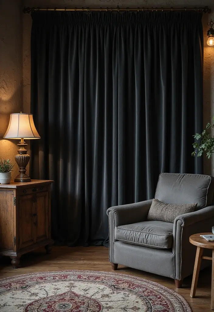 29 Farmhouse Living Room Curtain Ideas That Add Country Charm - 13. Dark Velvet Curtains