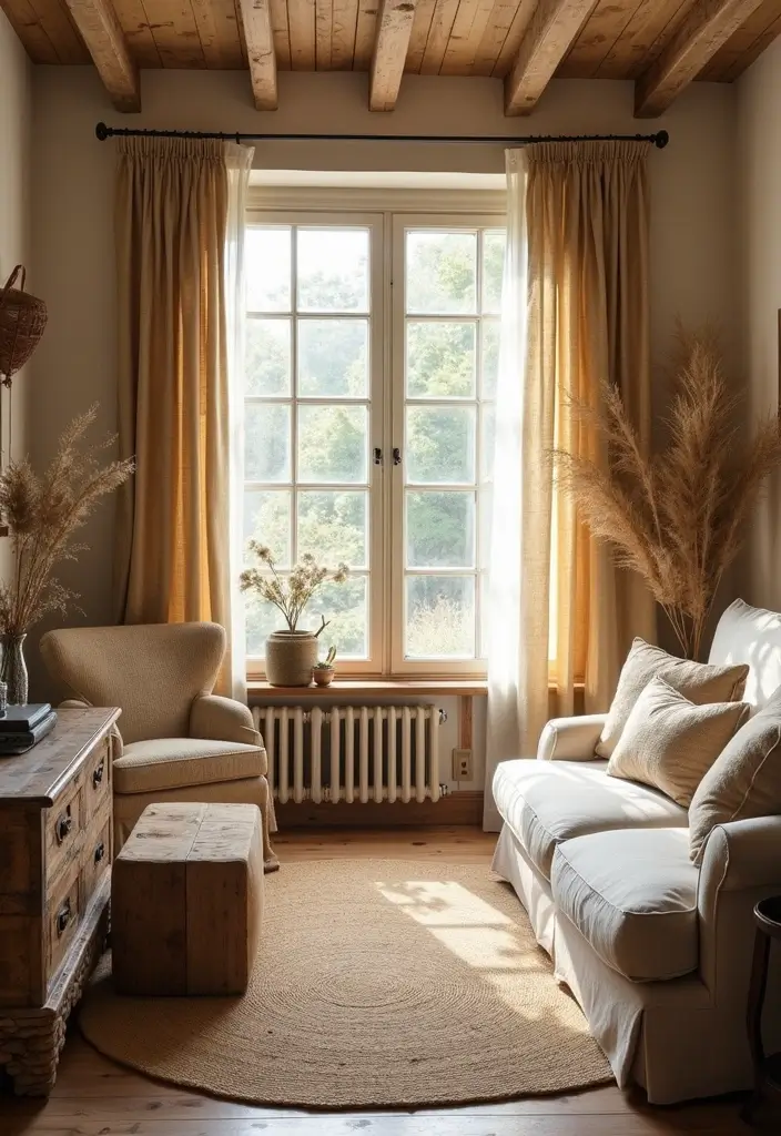 29 Farmhouse Living Room Curtain Ideas That Add Country Charm - 14. Natural Fiber Curtains