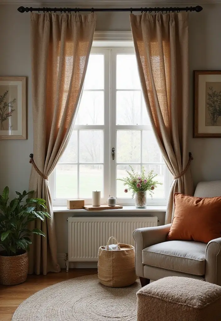 29 Farmhouse Living Room Curtain Ideas That Add Country Charm - 17. Tie-Back Curtains
