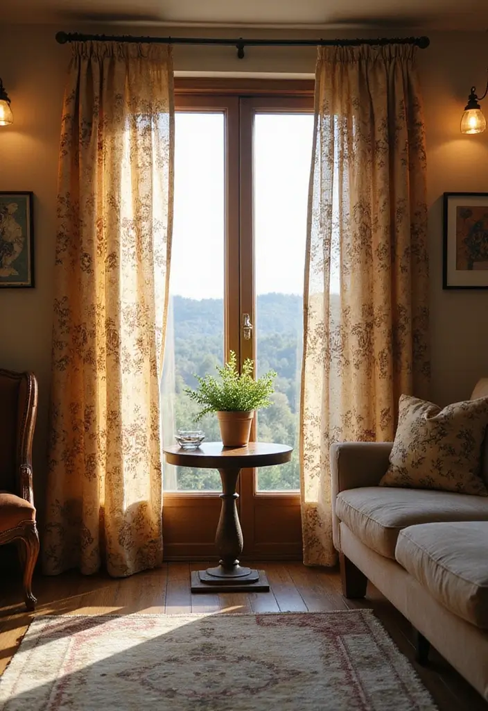 29 Farmhouse Living Room Curtain Ideas That Add Country Charm - 18. Stenciled Curtains