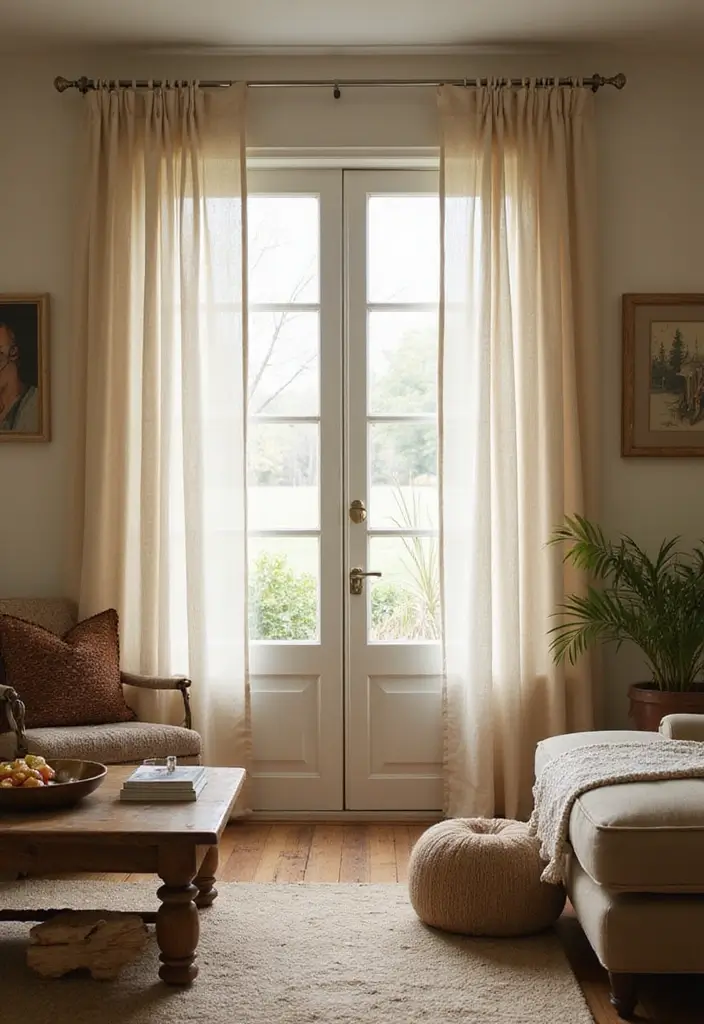29 Farmhouse Living Room Curtain Ideas That Add Country Charm - 19. Simple Cotton Drapes