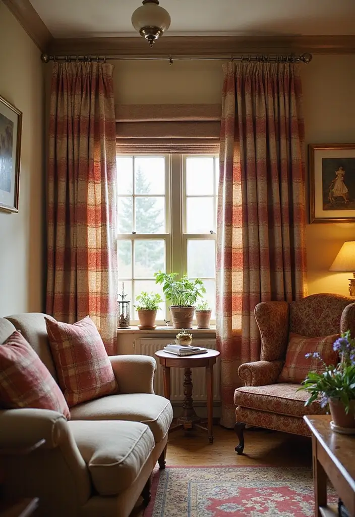 29 Farmhouse Living Room Curtain Ideas That Add Country Charm - 2. Plaid Patterns