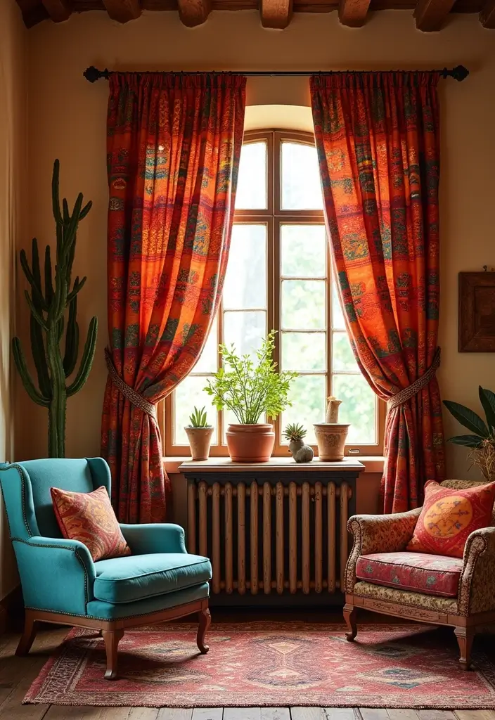 29 Farmhouse Living Room Curtain Ideas That Add Country Charm - 20. Southwestern Patterns