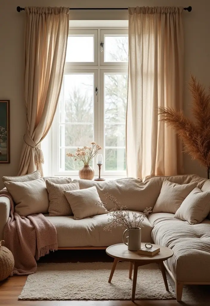 29 Farmhouse Living Room Curtain Ideas That Add Country Charm - 23. Textured Chenille
