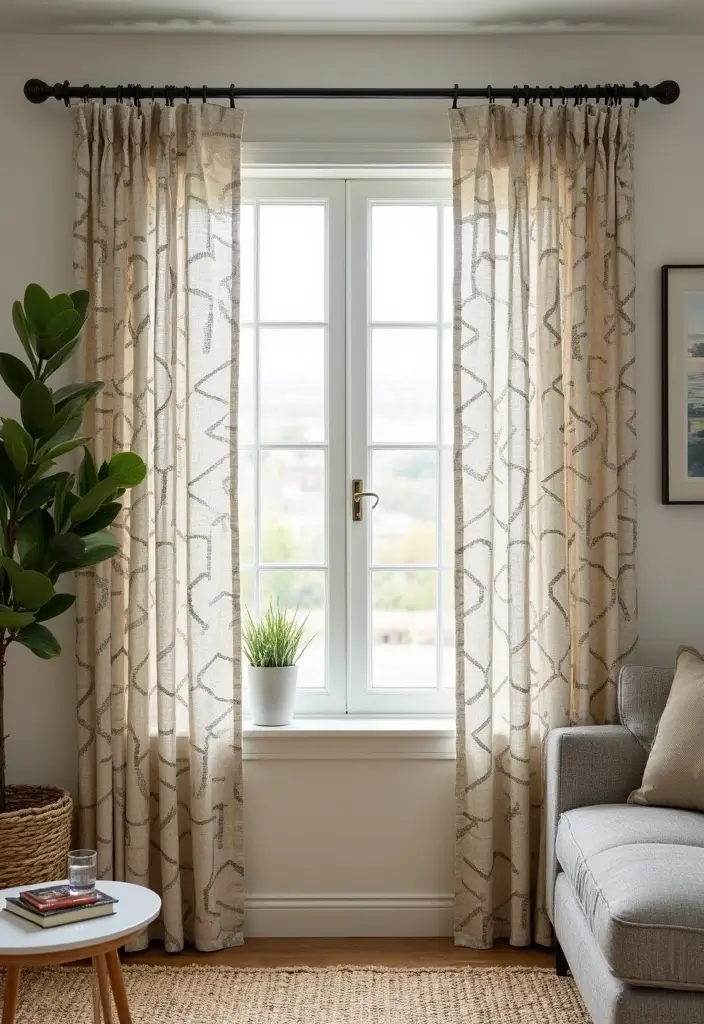 29 Farmhouse Living Room Curtain Ideas That Add Country Charm - 24. Geometric Patterns