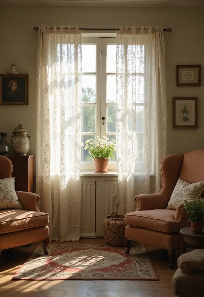 29 Farmhouse Living Room Curtain Ideas That Add Country Charm - 25. Vintage Lace Curtains