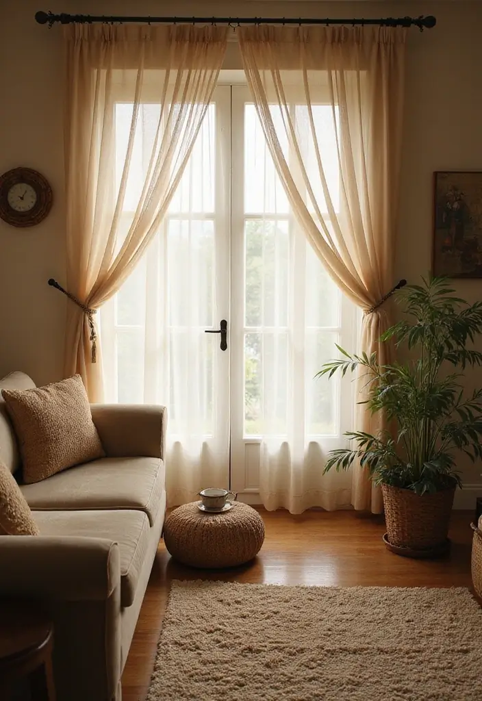 29 Farmhouse Living Room Curtain Ideas That Add Country Charm - 29. Tulle Layers