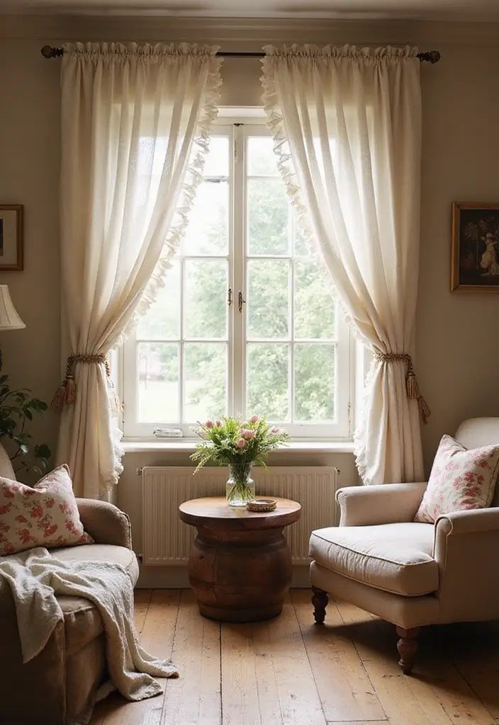 29 Farmhouse Living Room Curtain Ideas That Add Country Charm - 5. Ruffled Curtains