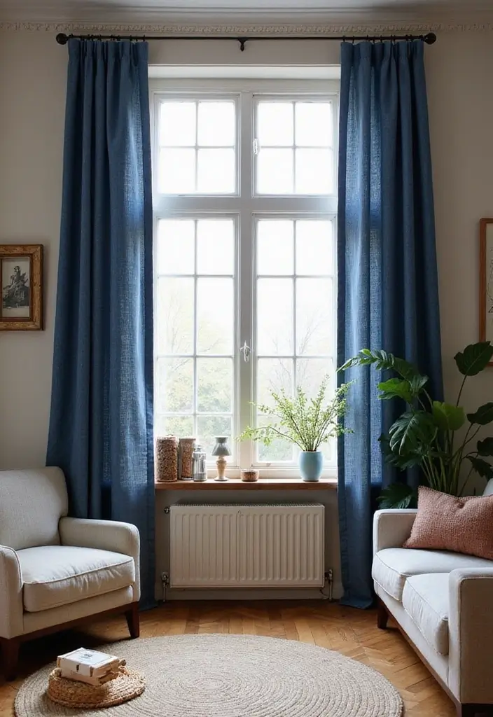 29 Farmhouse Living Room Curtain Ideas That Add Country Charm - 8. Denim Curtains