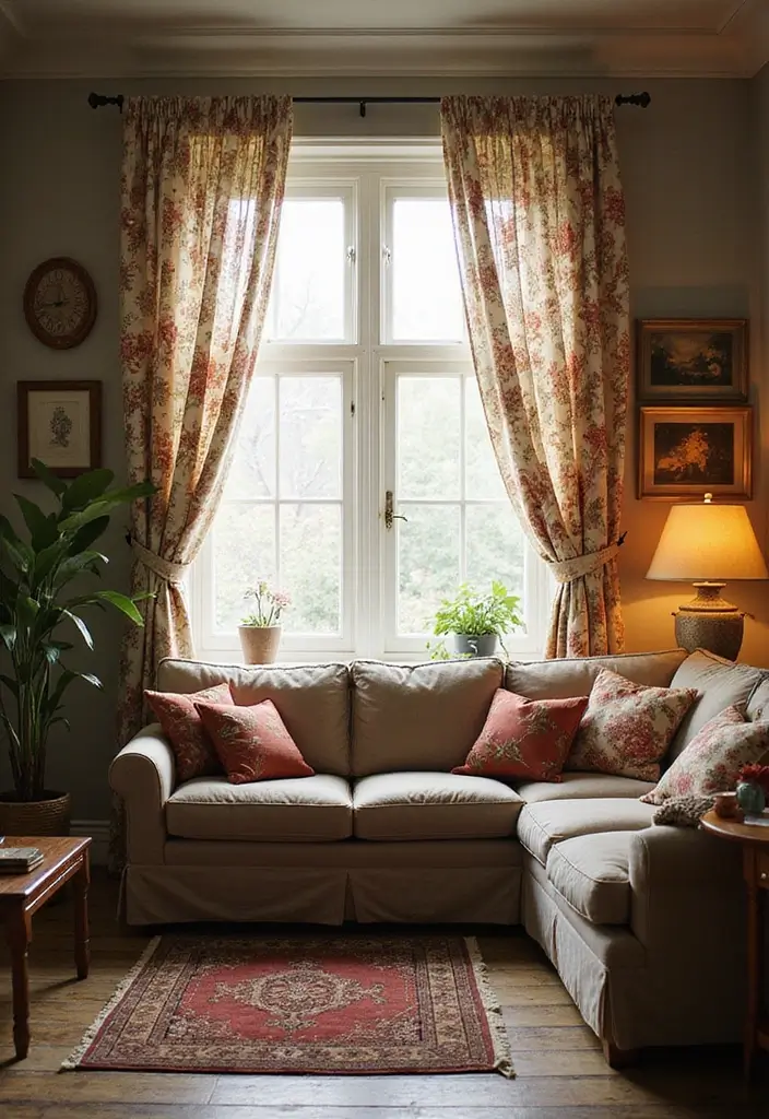 29 Farmhouse Living Room Curtain Ideas That Add Country Charm - 9. Vintage Floral Prints