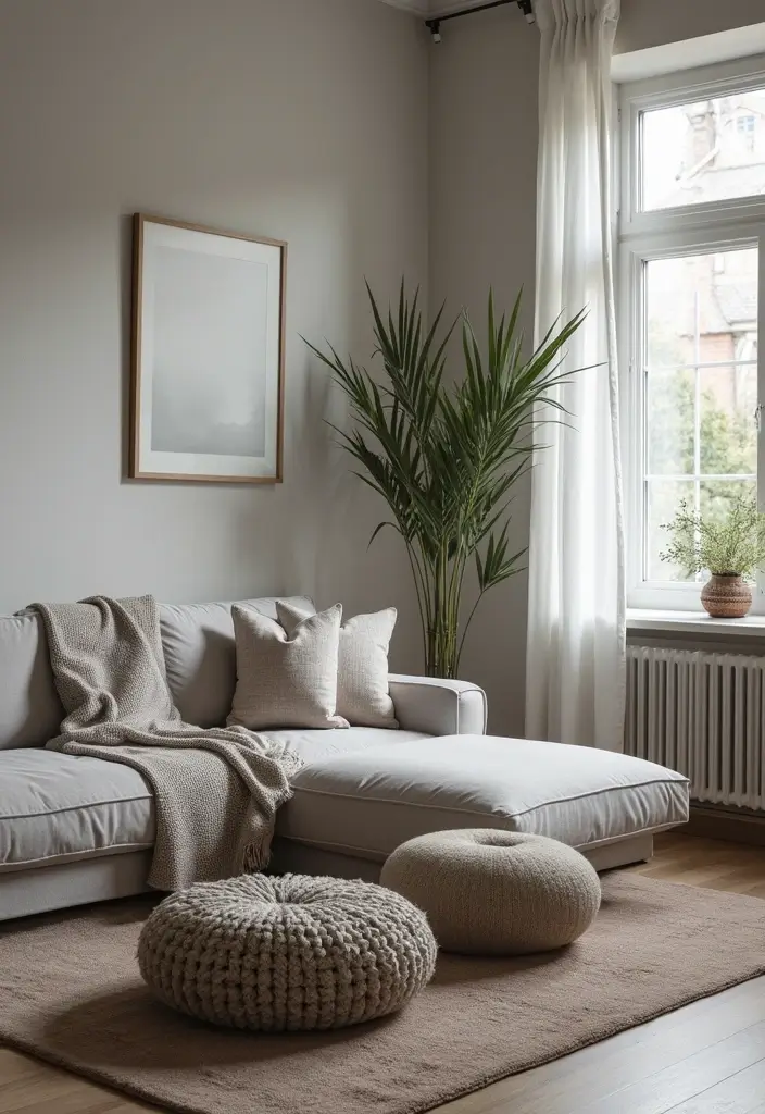 29 Grey Small Living Room Ideas That Feel Spacious and Light - 19. Use Poufs and Ottomans