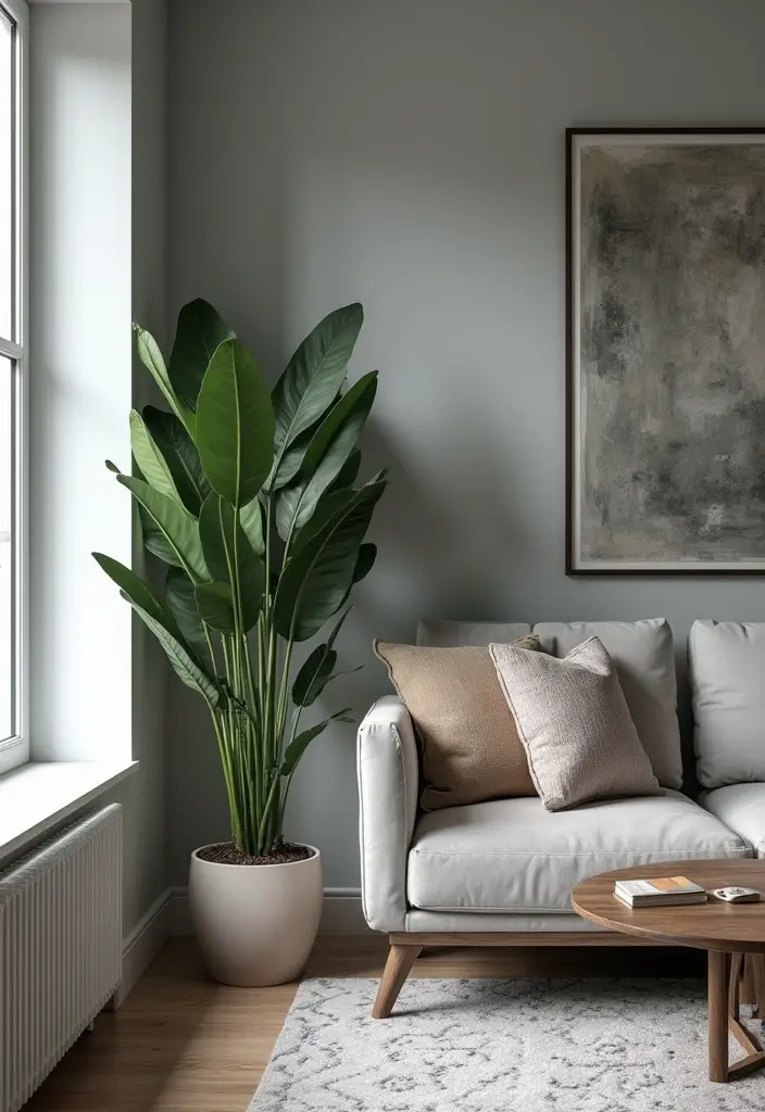 29 Grey Small Living Room Ideas That Feel Spacious and Light - 21. Statement Greenery