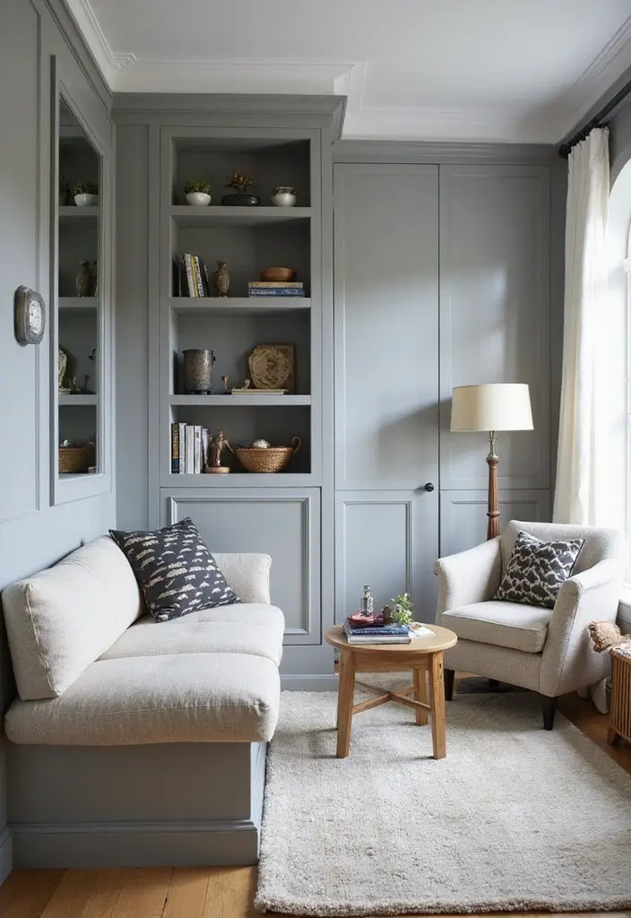 29 Grey Small Living Room Ideas That Feel Spacious and Light - 24. Built-In Seating