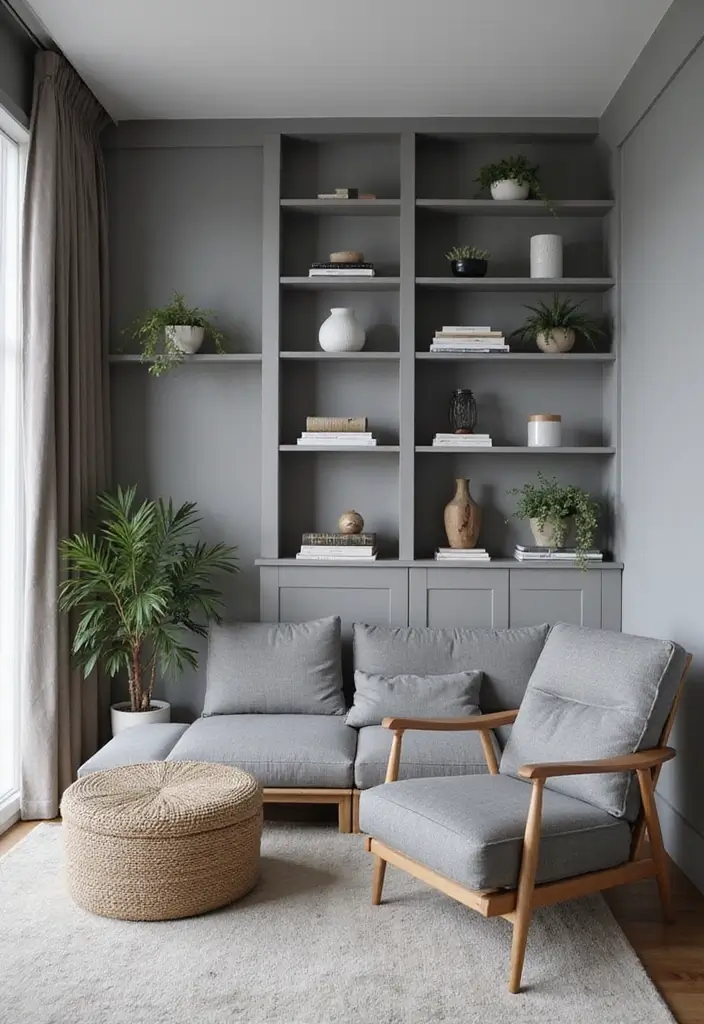 29 Grey Small Living Room Ideas That Feel Spacious and Light - 29. Minimalist Bookshelves
