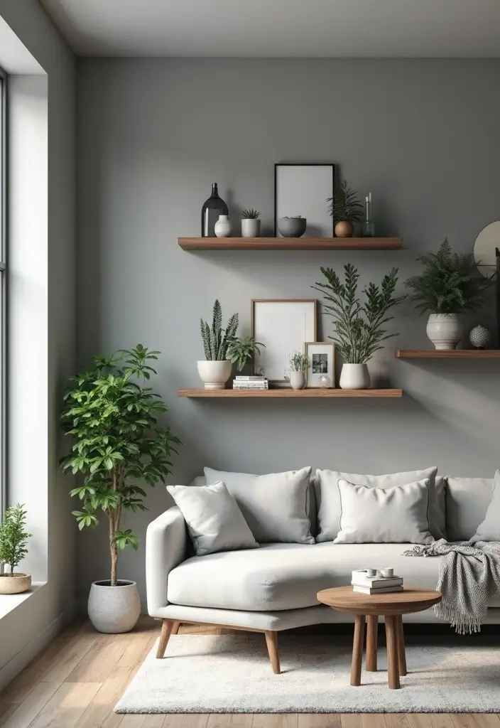 29 Grey Small Living Room Ideas That Feel Spacious and Light - 3. Floating Shelves