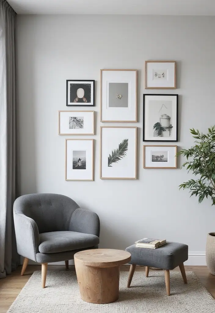 29 Grey Small Living Room Ideas That Feel Spacious and Light - 7. Minimalist Gallery Wall