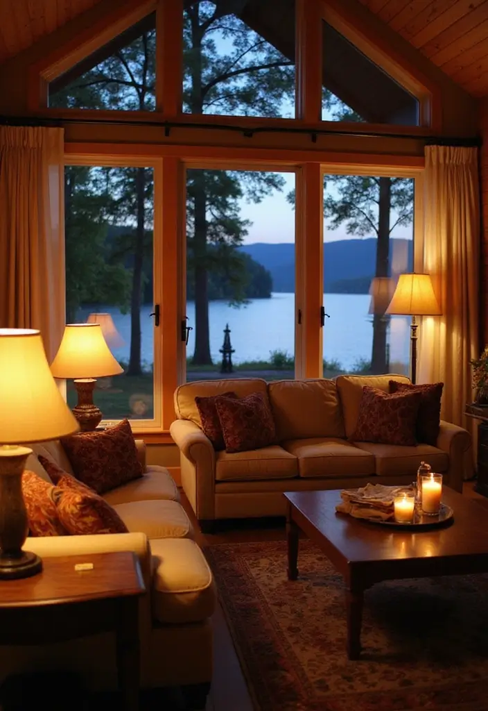29 Lake House Living Room Ideas That Bring the Outdoors In - 10. Soft Lighting Choices