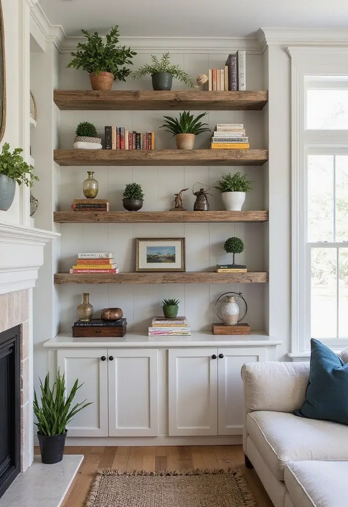 29 Lake House Living Room Ideas That Bring the Outdoors In - 11. Stylish Shelving