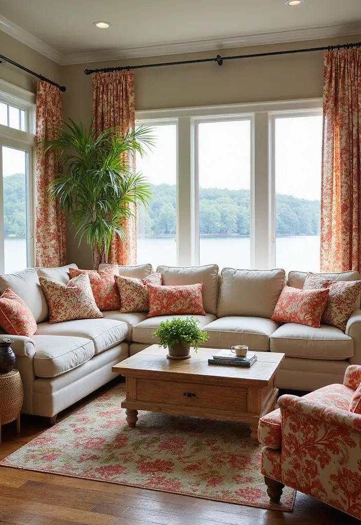 29 Lake House Living Room Ideas That Bring the Outdoors In - 17. Outdoor-Inspired Patterns