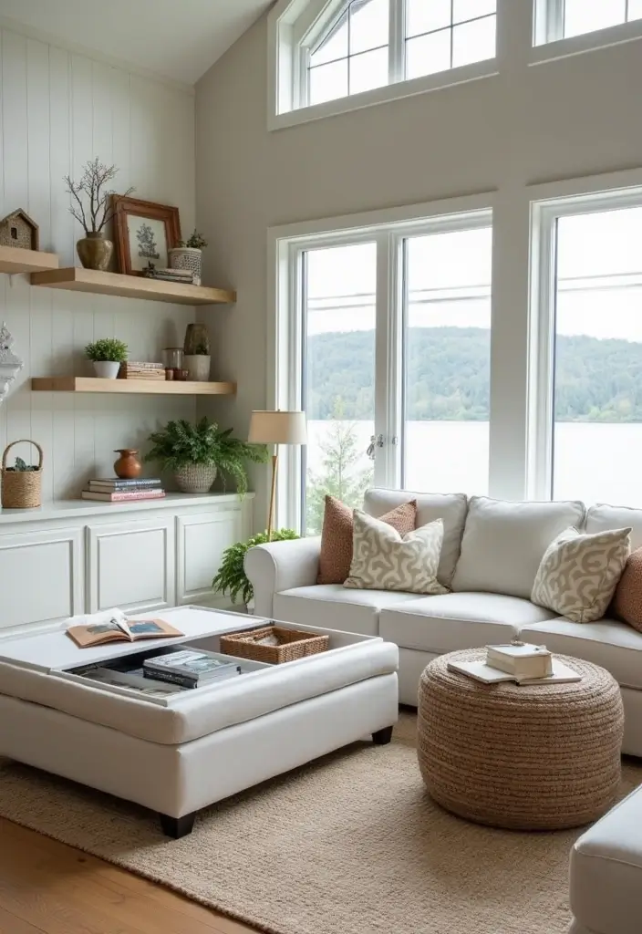 29 Lake House Living Room Ideas That Bring the Outdoors In - 18. Functional Storage Solutions