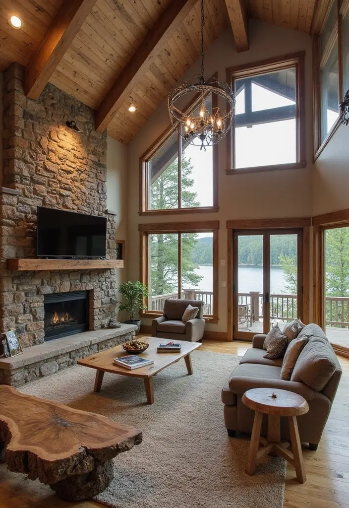 29 Lake House Living Room Ideas That Bring the Outdoors In - 22. Emphasis on Natural Elements