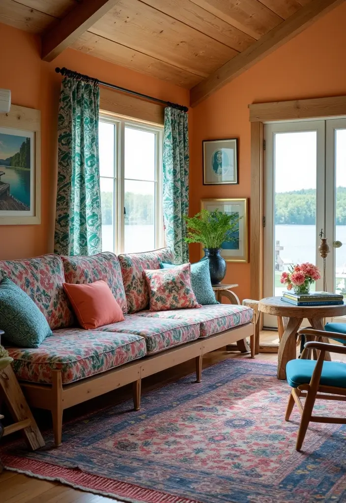 29 Lake House Living Room Ideas That Bring the Outdoors In - 24. Playful Patterns and Prints