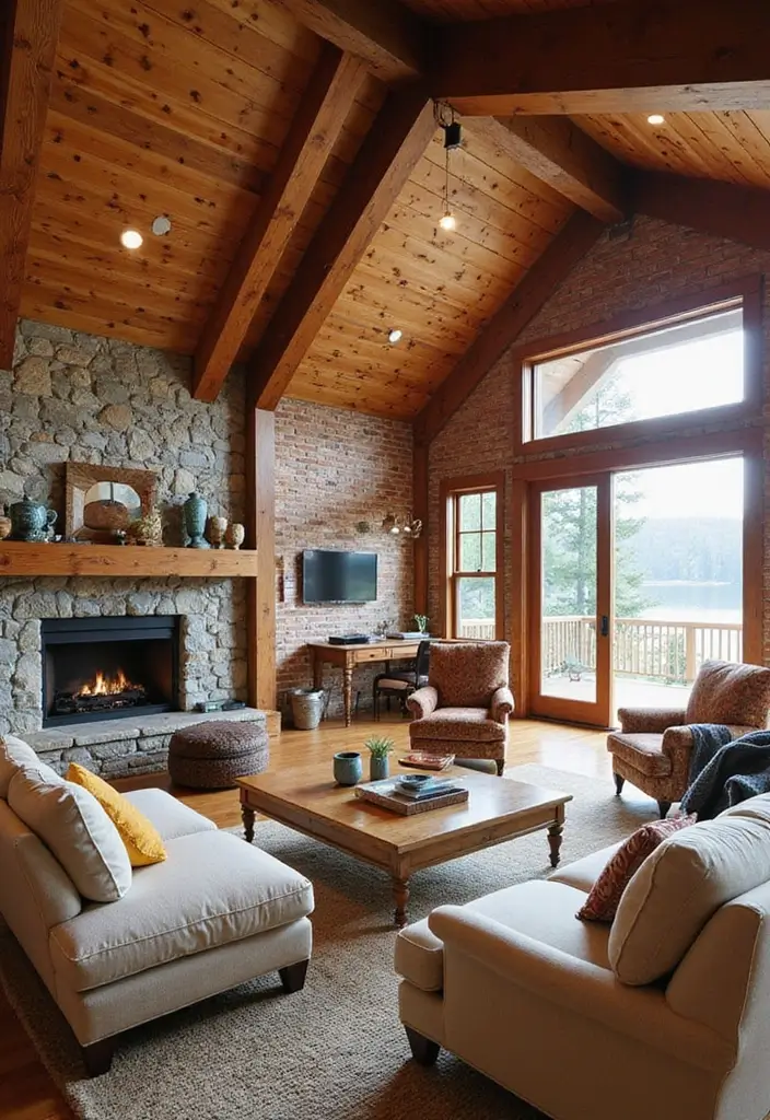 29 Lake House Living Room Ideas That Bring the Outdoors In - 27. Warm, Rustic Finishes