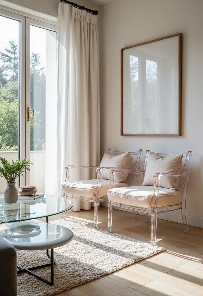 29 Living Room Chairs Ideas Small Spaces That Save Space Beautifully - 9. Transparent Chairs for Illusion of Space