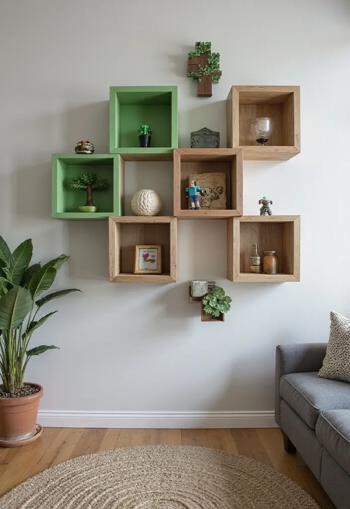 29 Living Room Ideas: Minecraft-Inspired Builds and Layouts - 10. Themed Wall Shelves