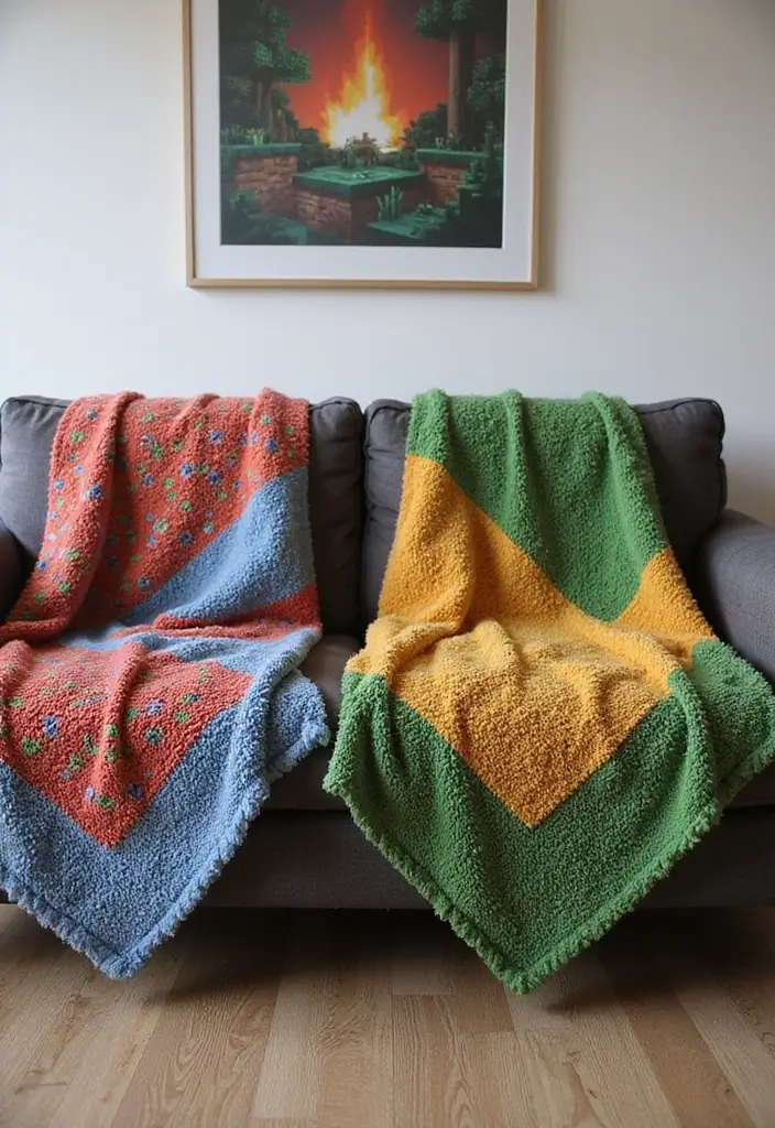 29 Living Room Ideas: Minecraft-Inspired Builds and Layouts - 17. Minecraft-Inspired Throws
