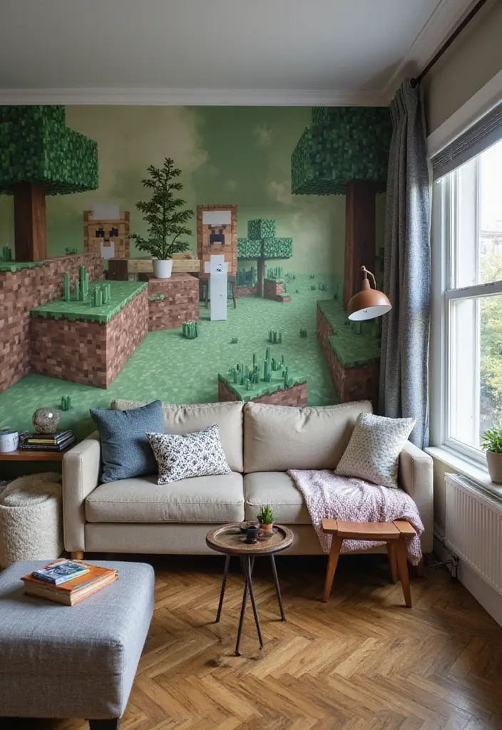 29 Living Room Ideas: Minecraft-Inspired Builds and Layouts - 28. Blocky Wallpaper