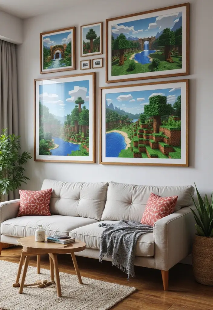 29 Living Room Ideas: Minecraft-Inspired Builds and Layouts - 3. Minecraft-Themed Wall Art