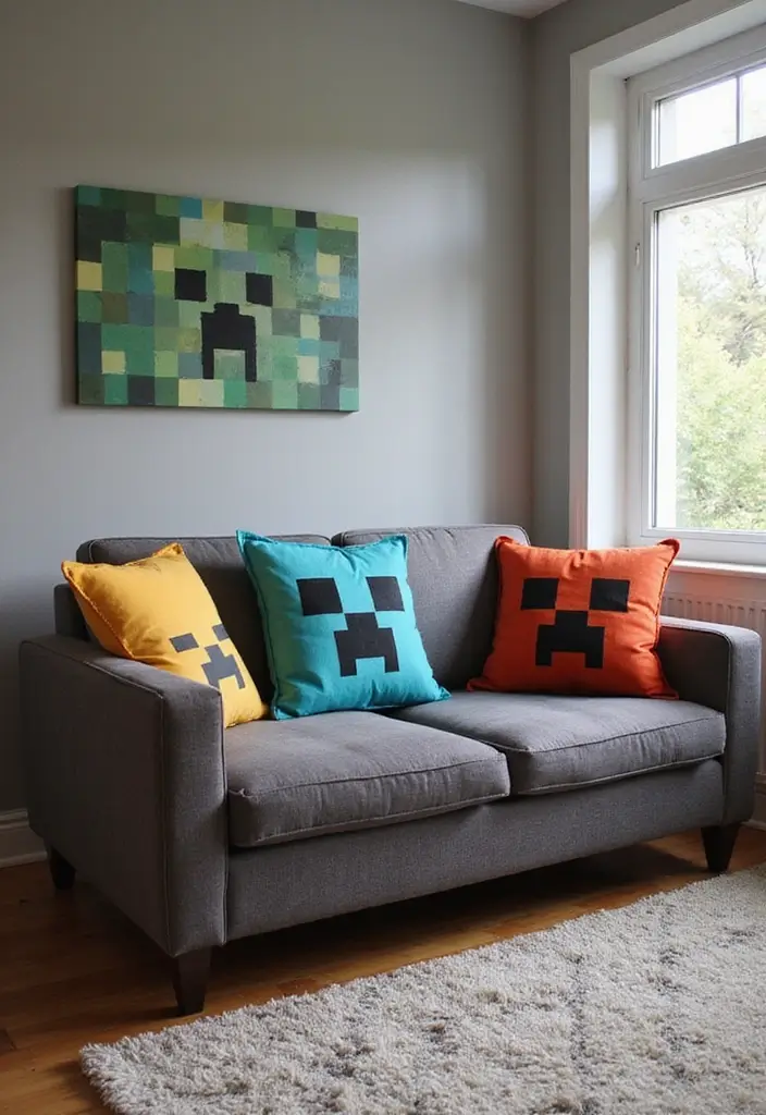 29 Living Room Ideas: Minecraft-Inspired Builds and Layouts - 6. Pixelated Cushions