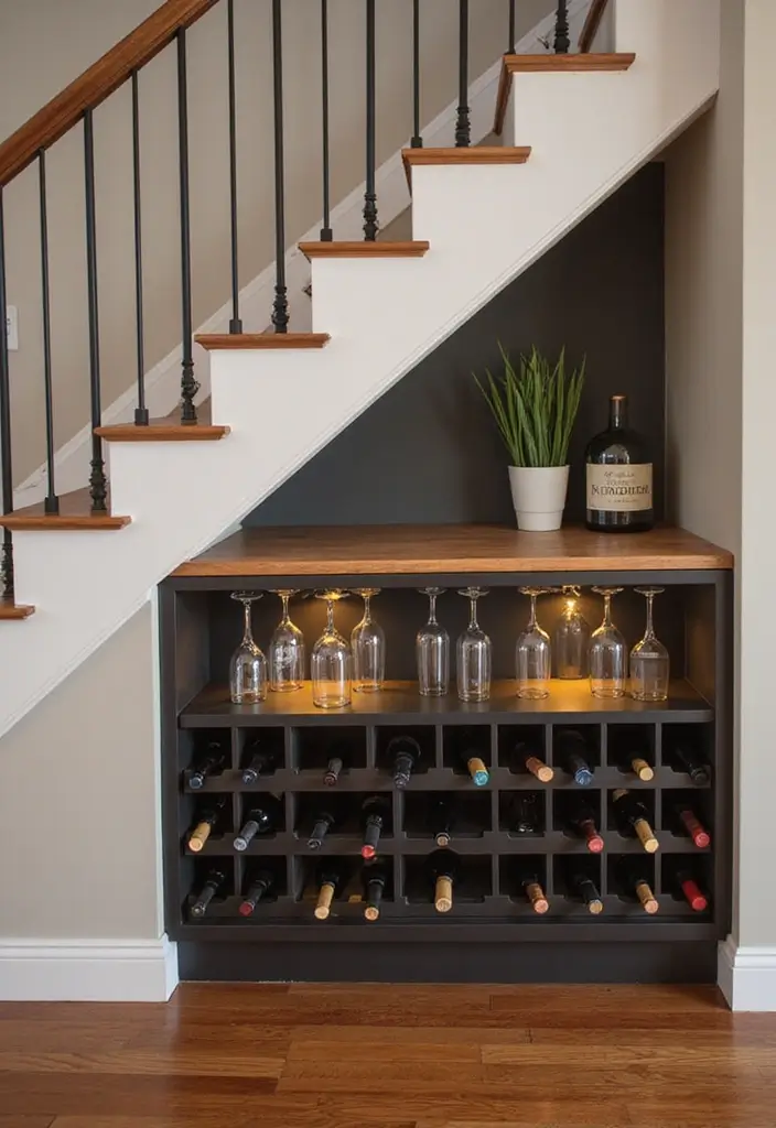 29 Living Room Under Stairs Ideas That Use Space Smartly - 11. Wine Rack Installation