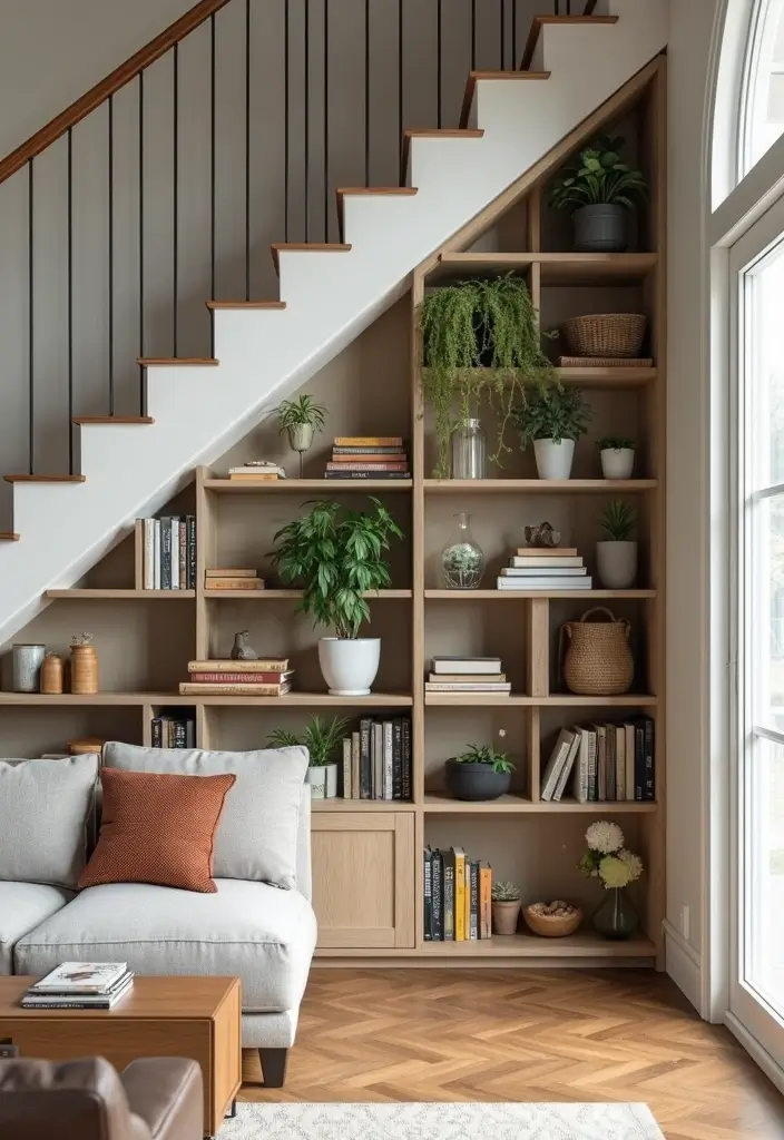 29 Living Room Under Stairs Ideas That Use Space Smartly - 13. Built-in Bookshelves