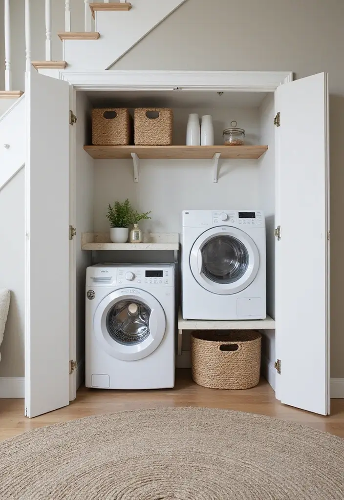29 Living Room Under Stairs Ideas That Use Space Smartly - 14. Concealed Laundry Space