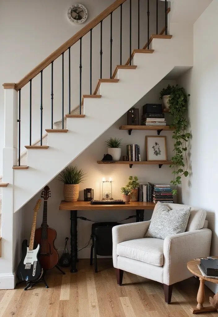29 Living Room Under Stairs Ideas That Use Space Smartly - 16. Stylish Music Corner