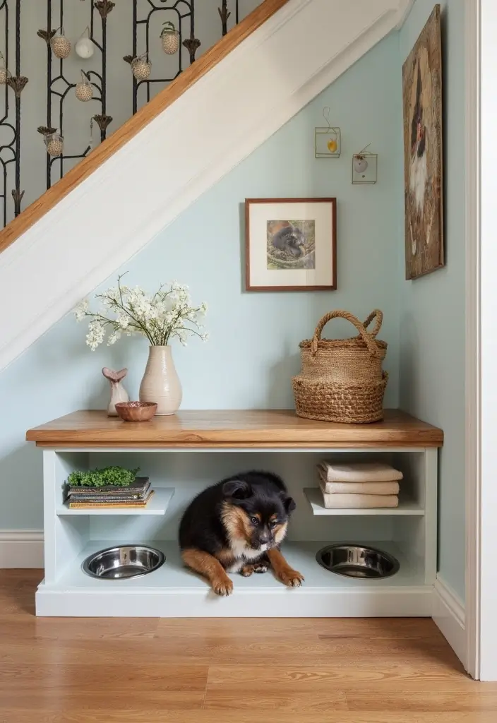 29 Living Room Under Stairs Ideas That Use Space Smartly - 17. Customized Pet Feeding Station