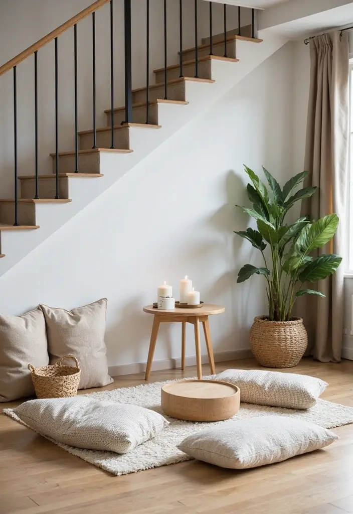 29 Living Room Under Stairs Ideas That Use Space Smartly - 19. Zen Meditation Spot